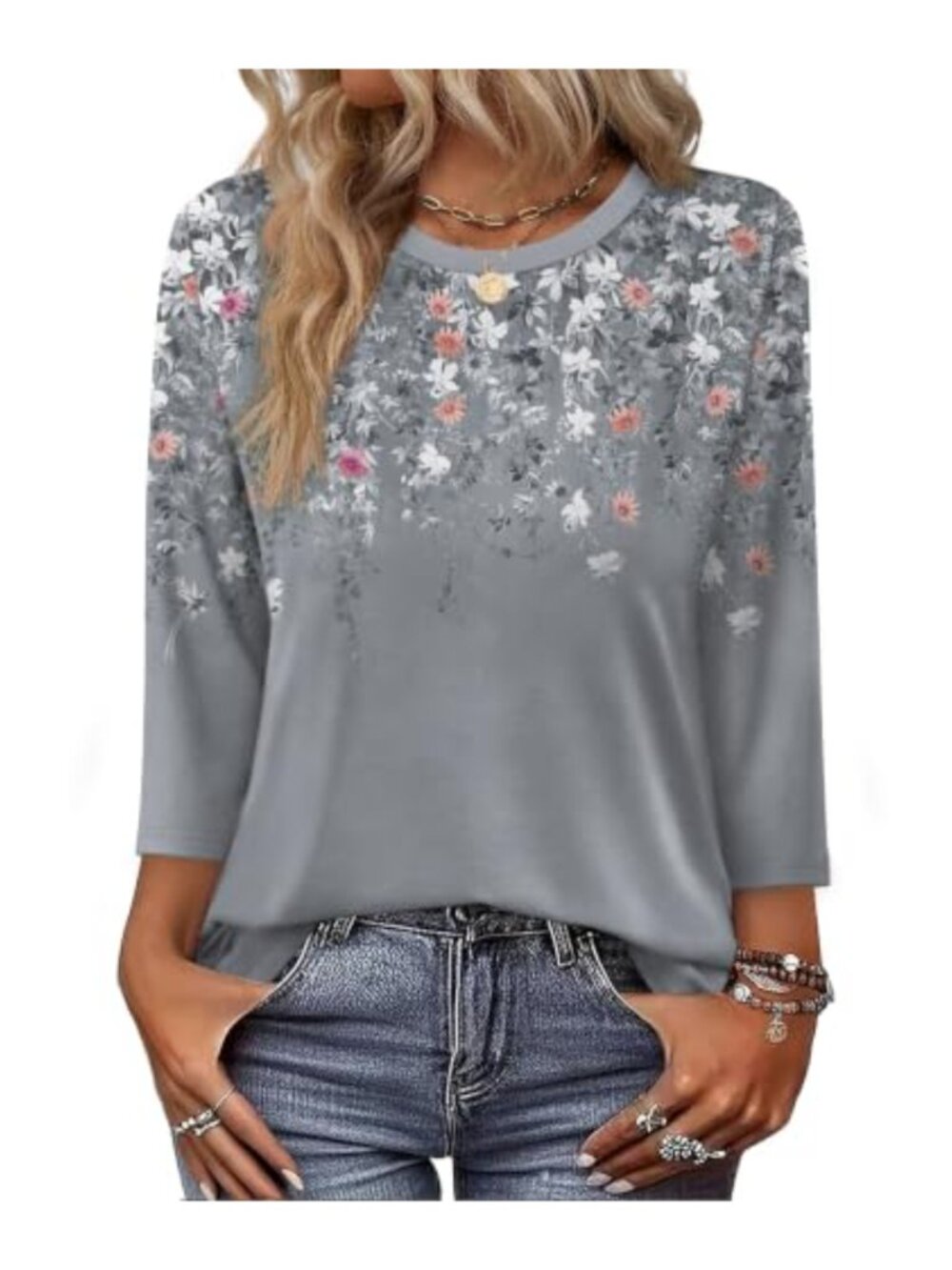 Women's Dressy Casual 3/4 Sleeve Blouses Crew Neck Relaxed Fit Polyester